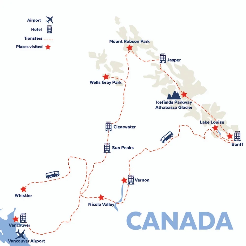 Tour map for Western Canada & the Rockies