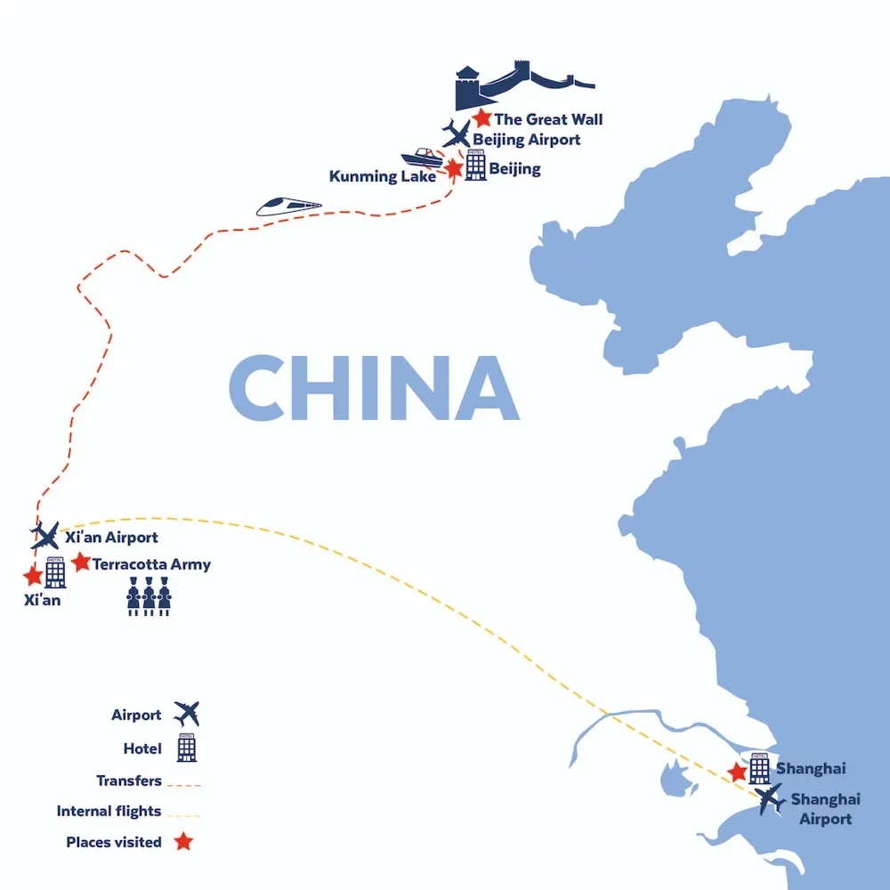 Tour map for Beijing, Xi'an & Shanghai