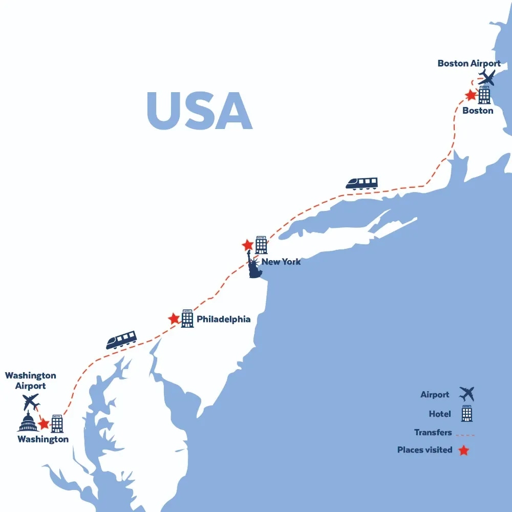 Tour map for East Coast USA by Rail incl. Boston, New York, Philadelphia & Washington DC