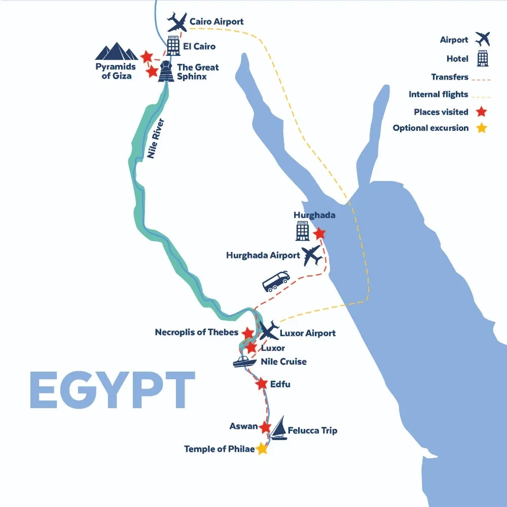 Tour map for Egypt - Nile River Cruise including Cairo & Hurghada - Solo Traveller