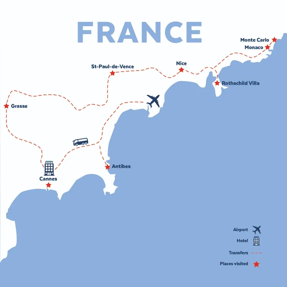 Tour map for Cannes & the Cote d'Azur