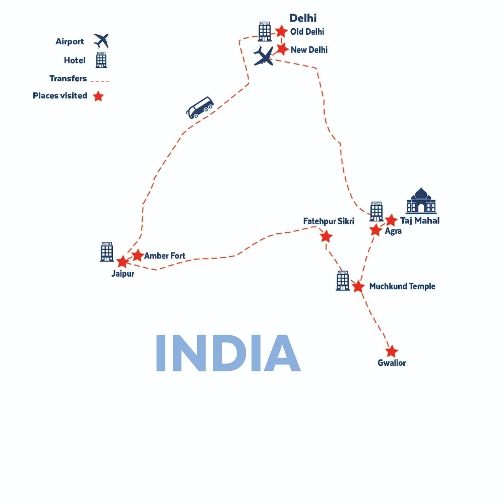Tour map for India's Golden Triangle
