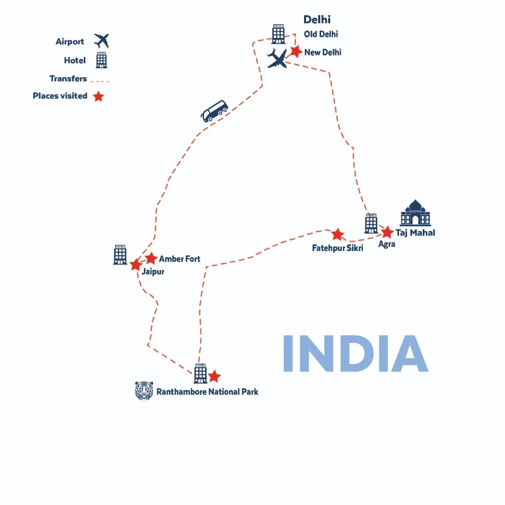 Tour map for India’s Golden Triangle: Taj Mahal & Ranthambore Safari
