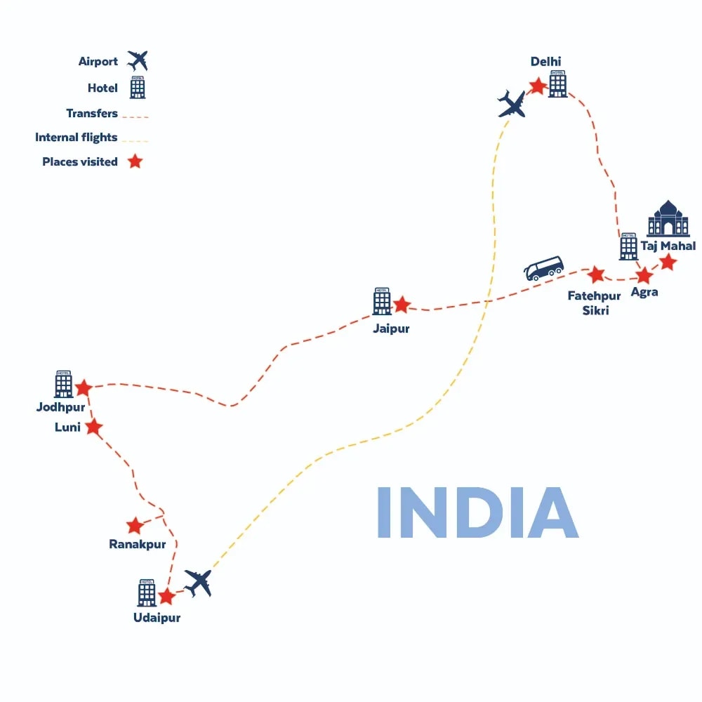 Tour map for India - Splendours of Delhi, The Taj Mahal & Rajasthan