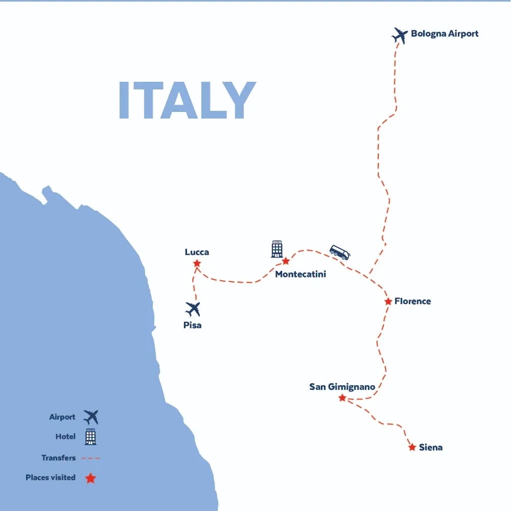 Tour map for Classic Tuscany including Florence and Pisa