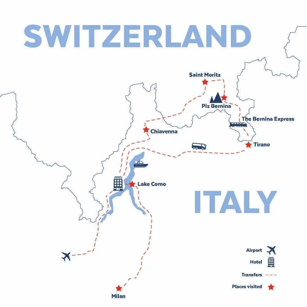 Tour map for Lake Como, Milan & St Moritz including The Bernina Express