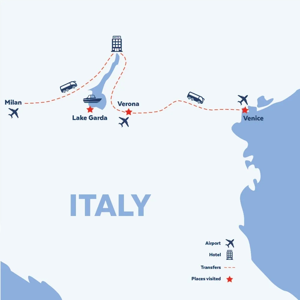 Tour map for Lake Garda, Venice & Verona Solo Traveller