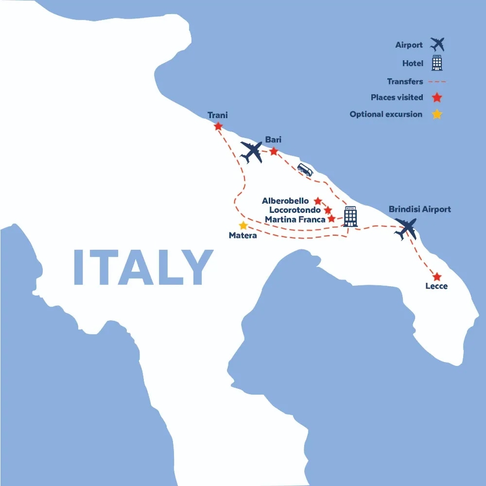 Tour map for Undiscovered Italy - Highlights of Puglia