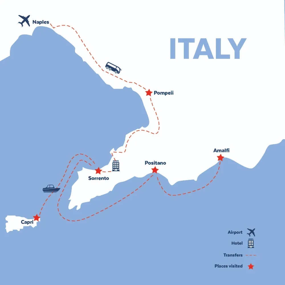 Tour map for Sorrento Coast, Pompeii & Capri