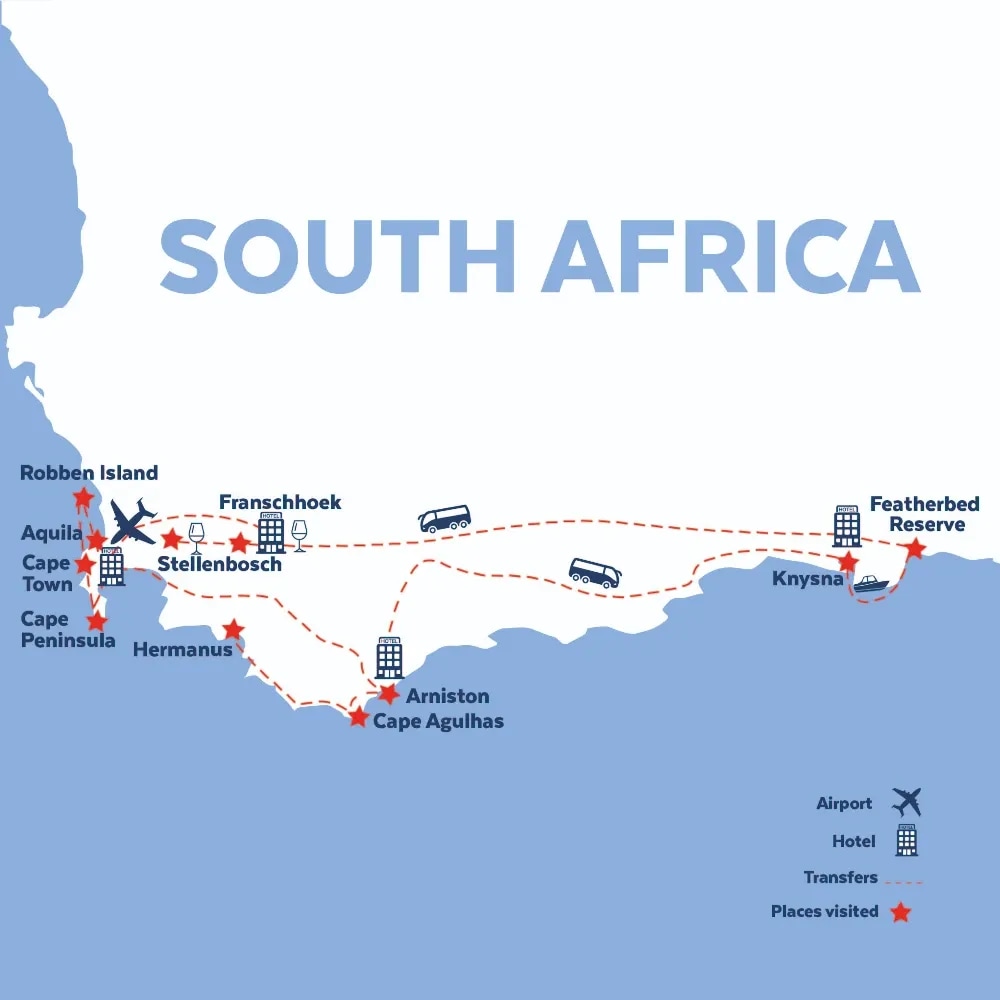 Tour map for Cape Town, the Garden Route & Winelands - Solo Traveller