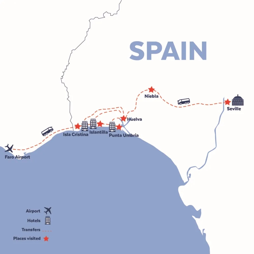 Tour map for Costa de la Luz & Seville
