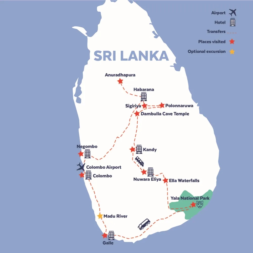 Tour map for Discover Sri Lanka – Scenic train, Sigiriya & Yala Safari