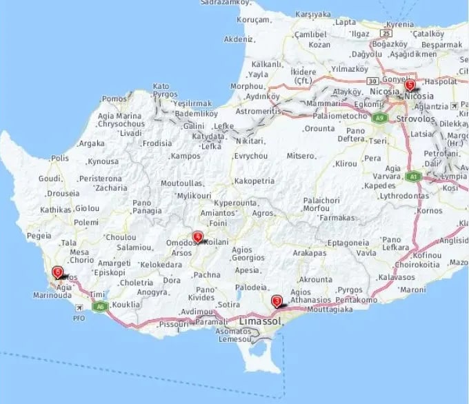 Tour map for Highlights of Cyprus including Paphos & Nicosia