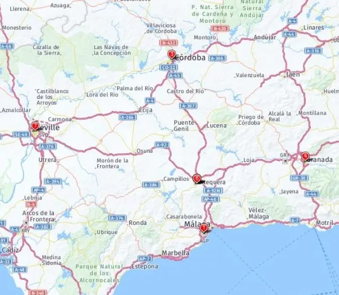 Tour map for New Year in Andalucia