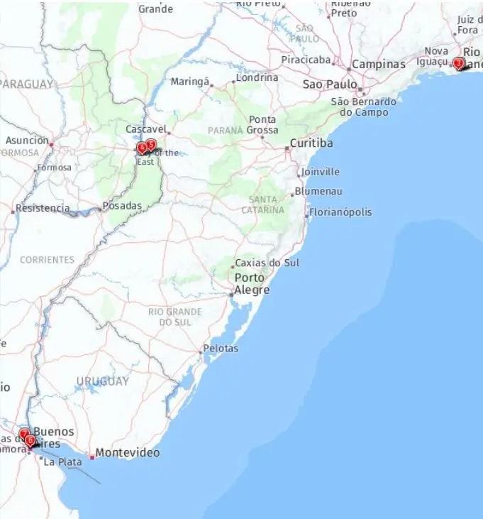 Tour map for Brazil & Argentina