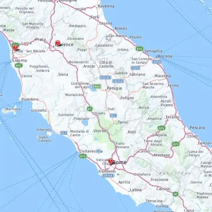Tour map for Treasures of Italy By Rail incl Venice, Florence, Sorrento & Rome