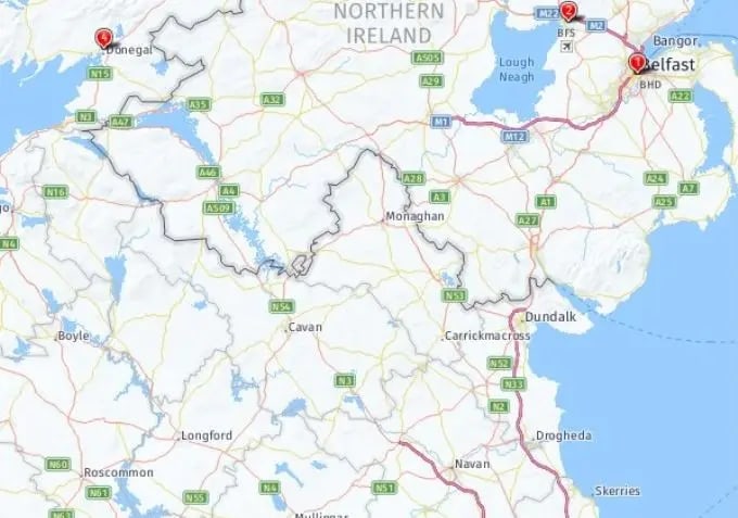 Tour map for Belfast, Derry and Donegal