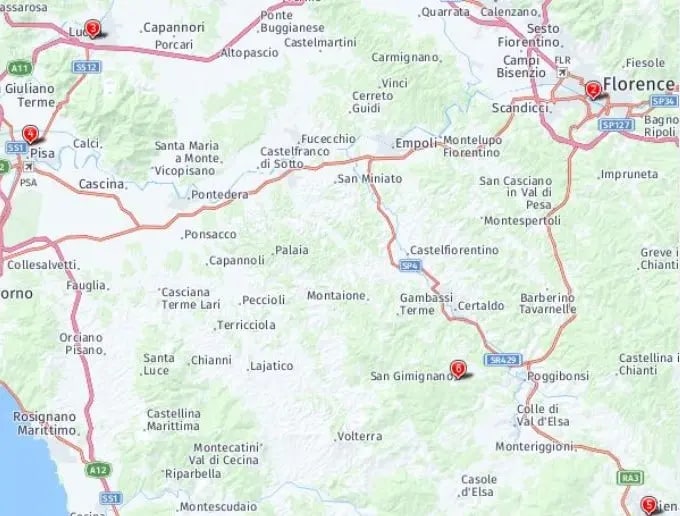 Tour map for Classic Tuscany including Florence and Pisa - Solo Traveller