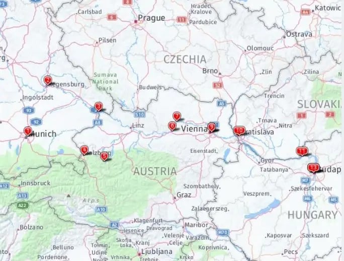 Tour map for Classical Danube River Cruise 4 Star (Passau - Budapest)