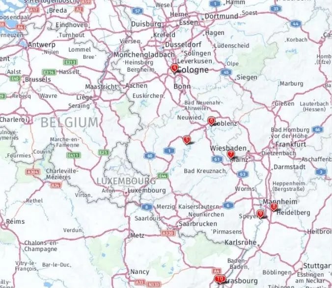 Tour map for Experience the Rhine and Cologne River Cruise (Amsterdam - Basel)