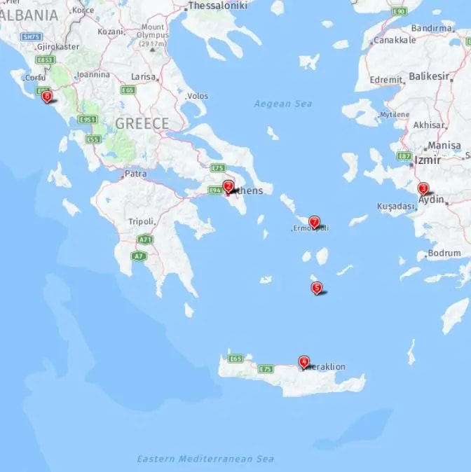 Tour map for Greek Islands and Aegean Sea Cruise