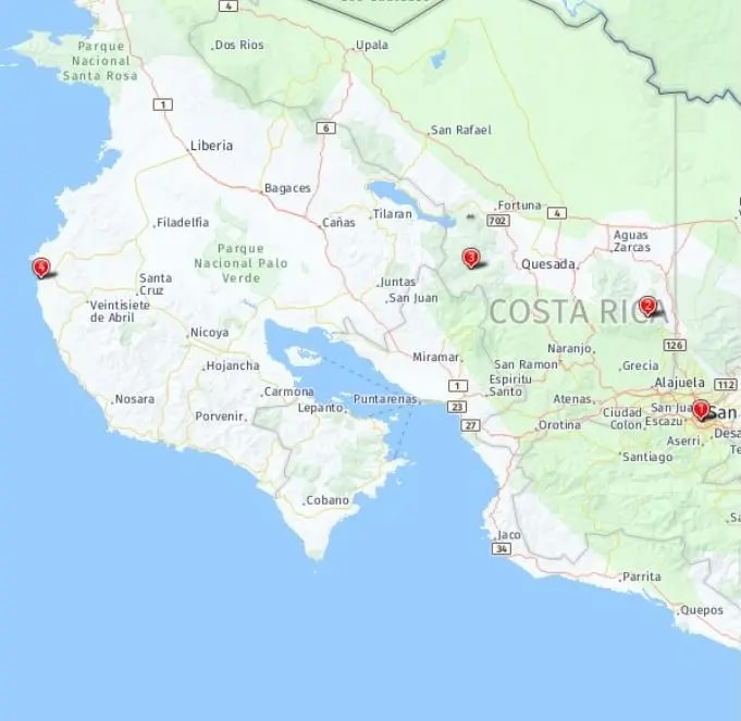 Tour map for Highlights of Costa Rica - Unique Small Group