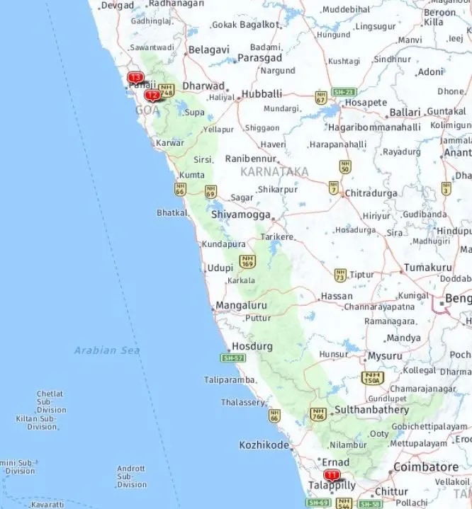 Tour map for Southern India Highlights - Kerala, Goa Beaches & Beyond