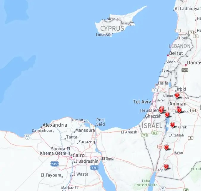 Tour map for Highlights of Jordan including Istanbul extension