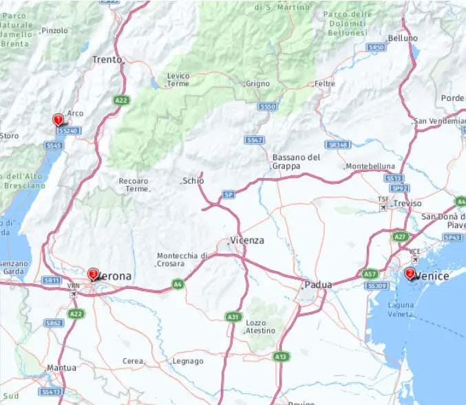 Tour map for Lake Garda, Venice & Verona Christmas Markets