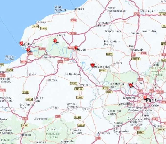 Tour map for Seine River Cruise including Paris & Rouen