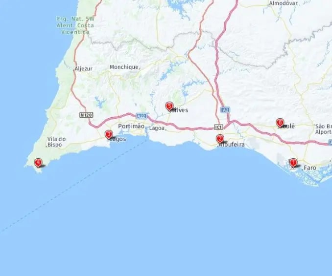 Tour map for The Algarve Coast & Country - Solo Traveller