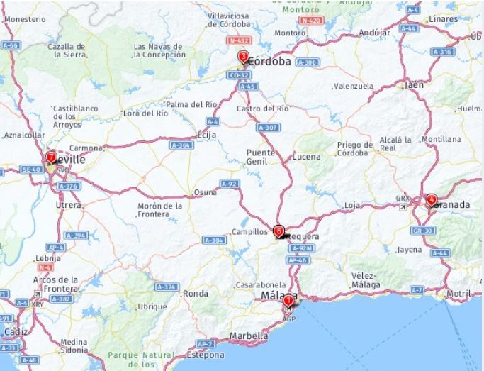 Tour map for Christmas in Andalucia