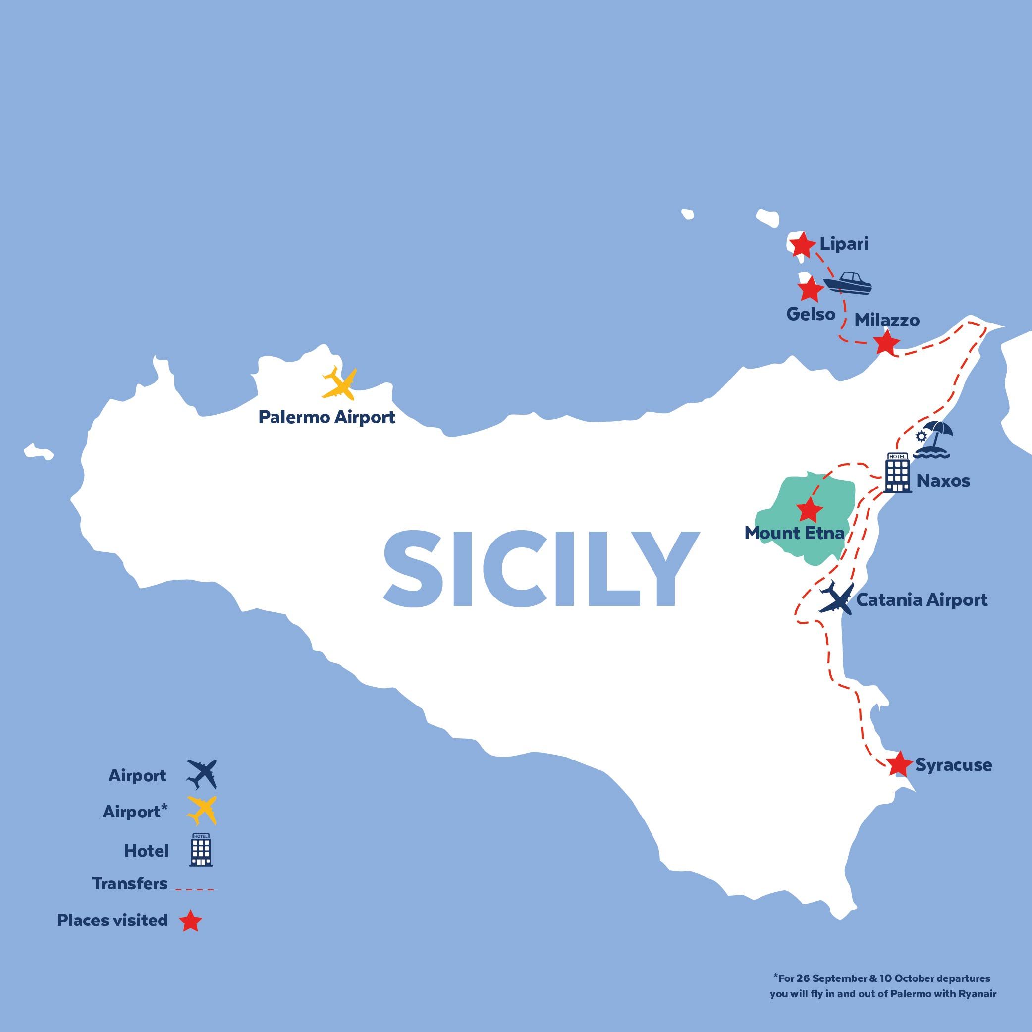 Tour map for Sicily & the Aeolian Islands