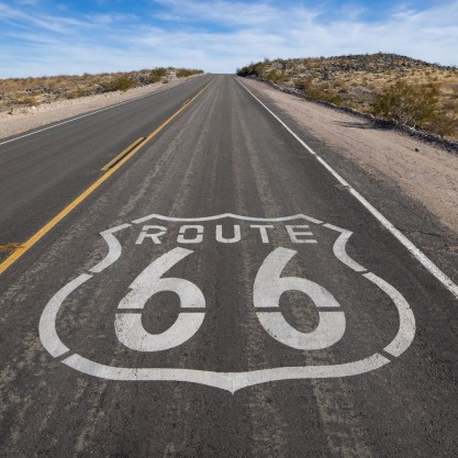 Historic Route 66 sign painted on the road