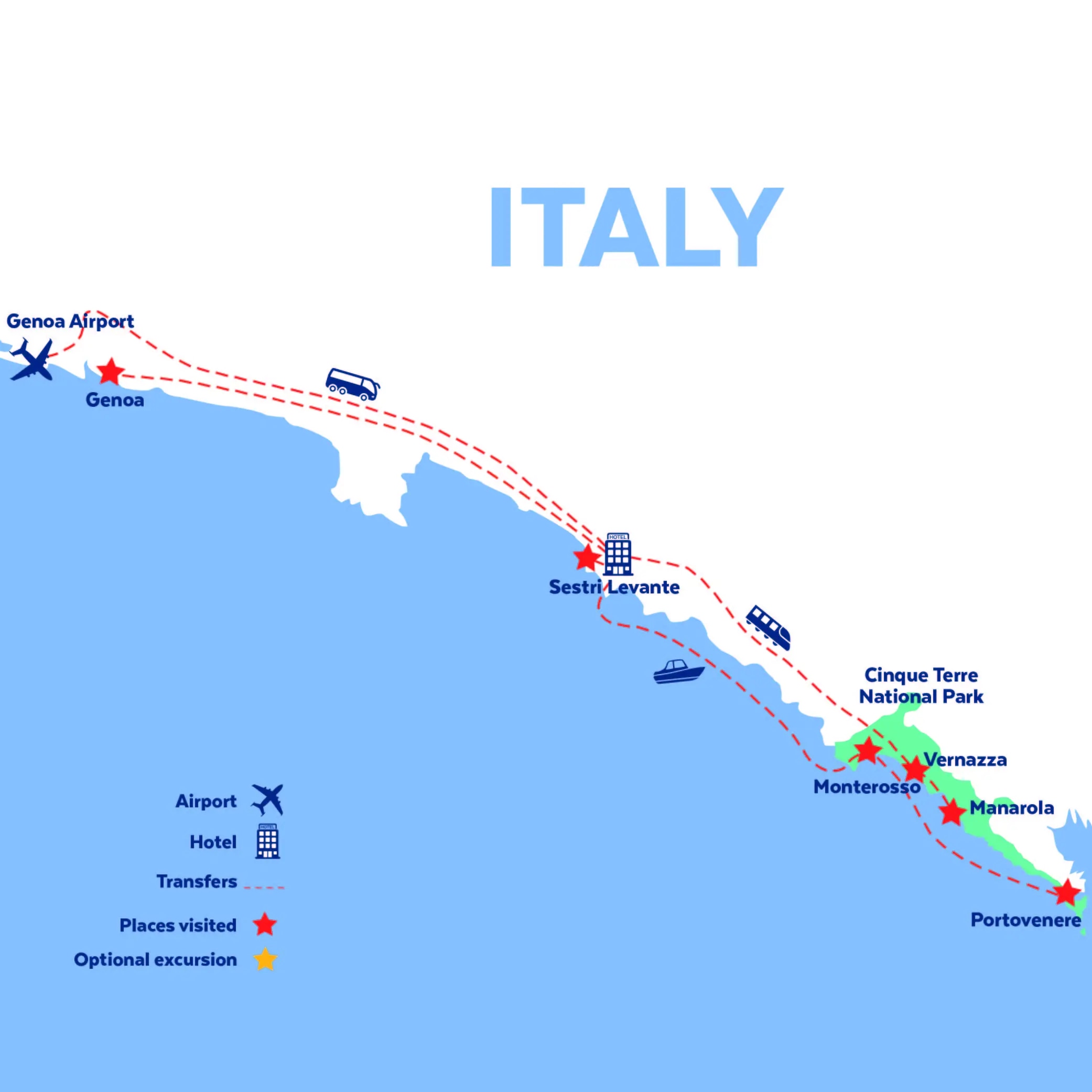 Tour map for The Italian Riviera including Cinque Terre & Genoa