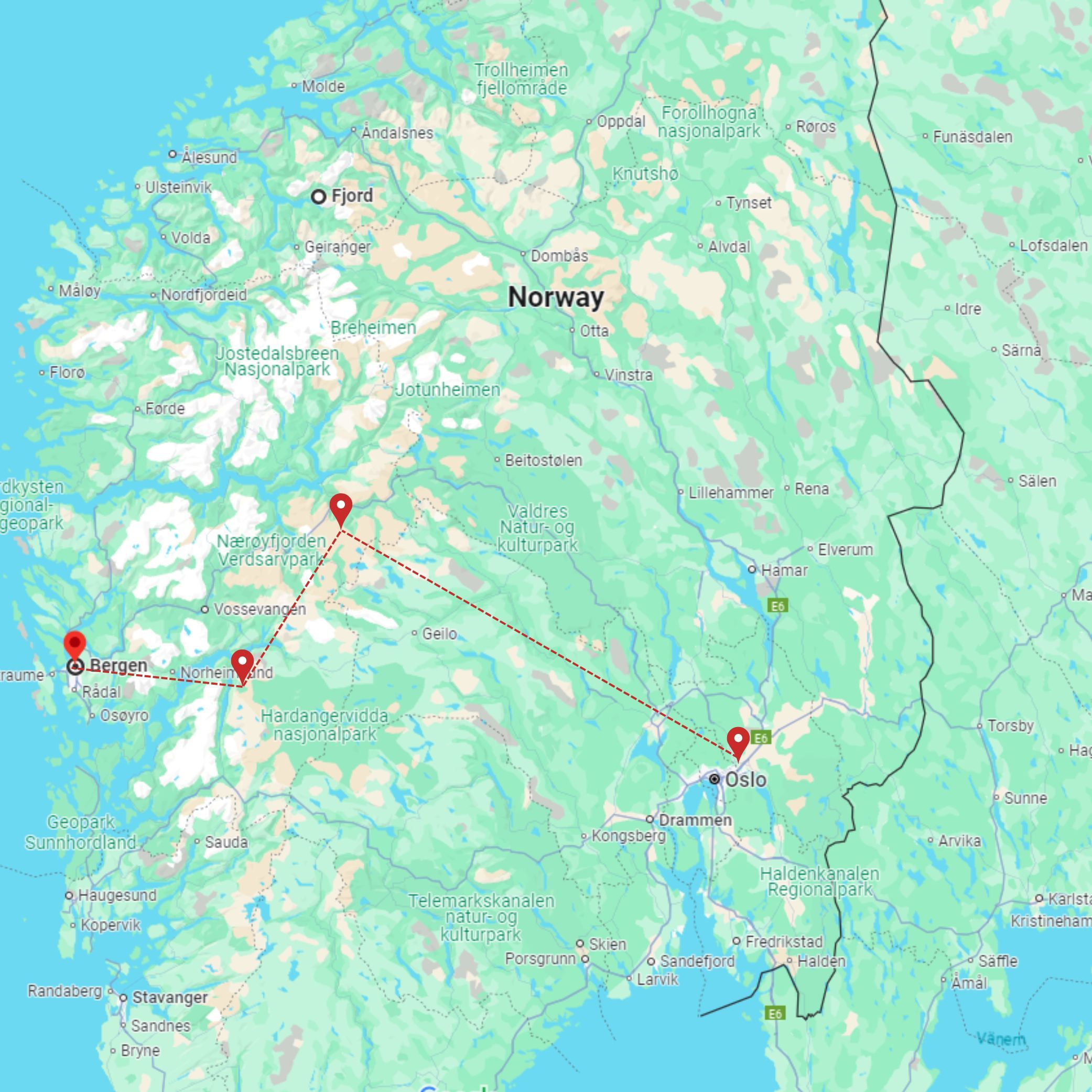 Tour map for Fjords of Norway including Bergen, Flam & Oslo