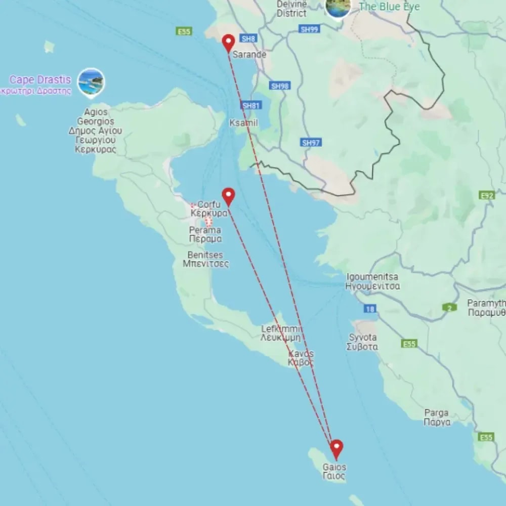 Tour map for Corfu Odyssey, including Paxos island & Ancient Albania