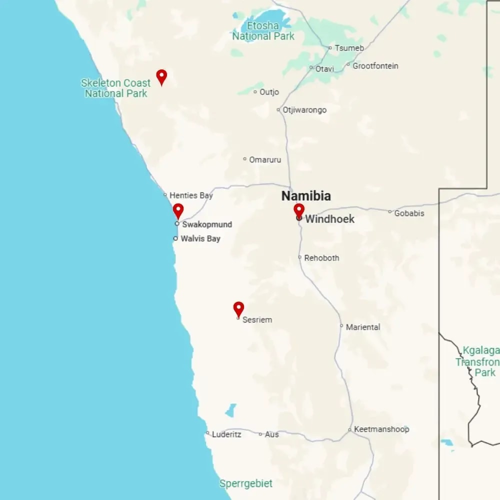 Tour map for Discover Namibia - Sossusvlei, Etosha Park & Safari