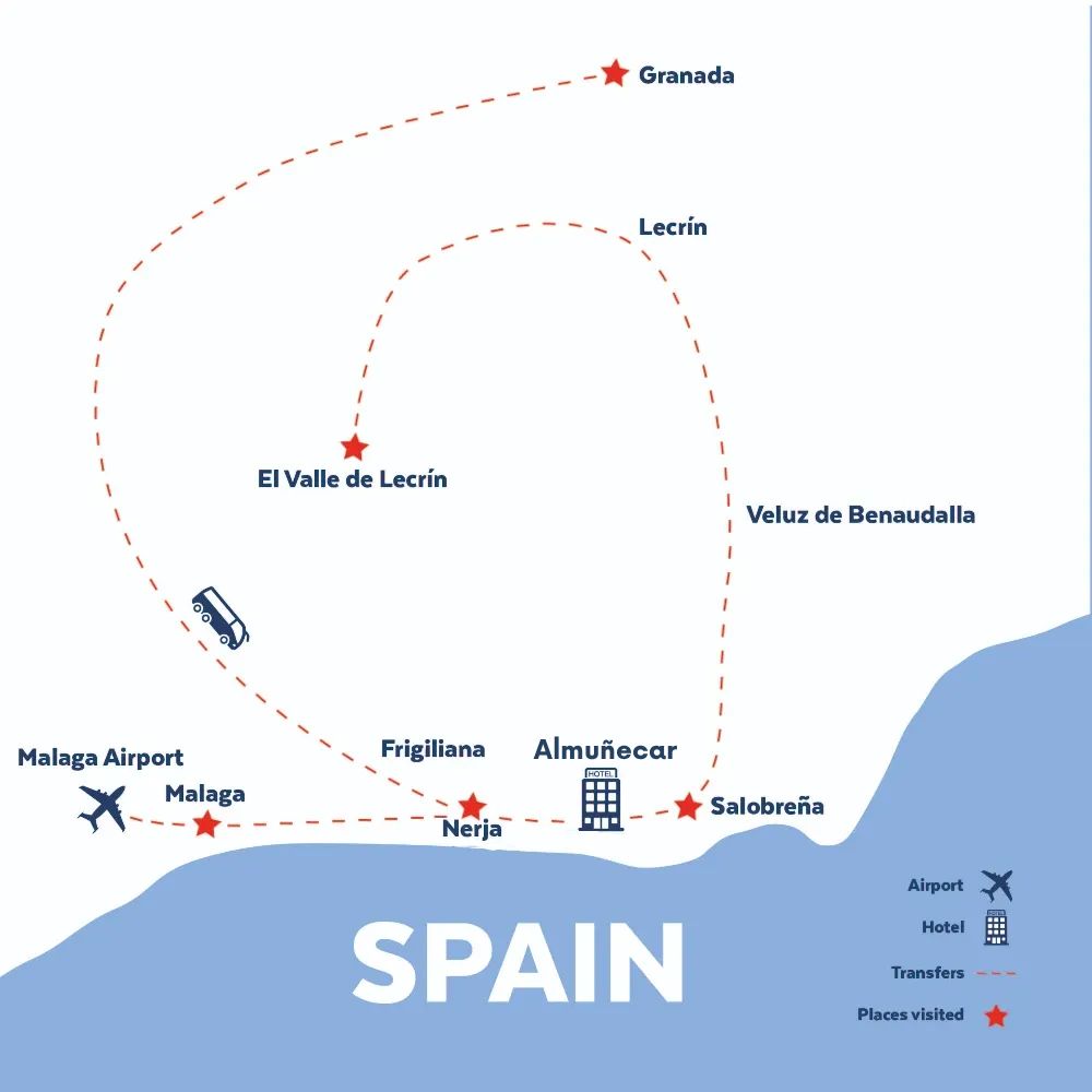 Tour map for Costa del Sol including Nerja, Malaga & Granada