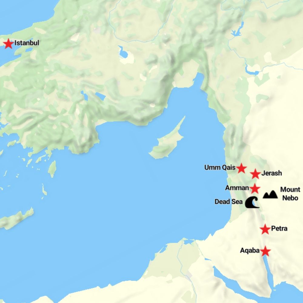 Tour map for Highlights of Jordan including Istanbul extension