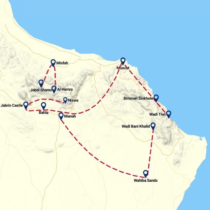 Tour map for Highlights of Oman incl Muscat, Nizwa & Wahiba Sands Desert