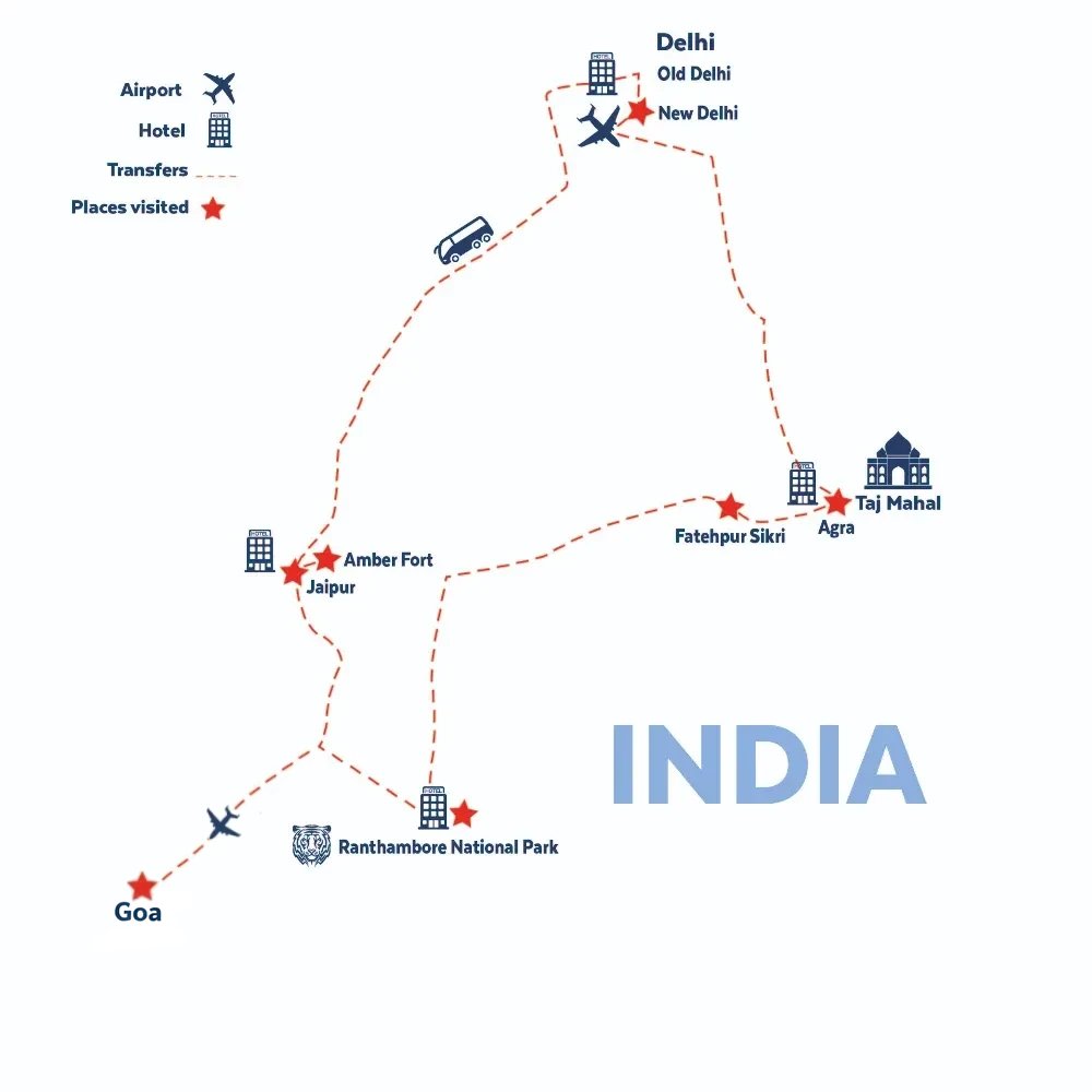 Tour map for India’s Golden Triangle, incl. Ranthambore Safari & Goa