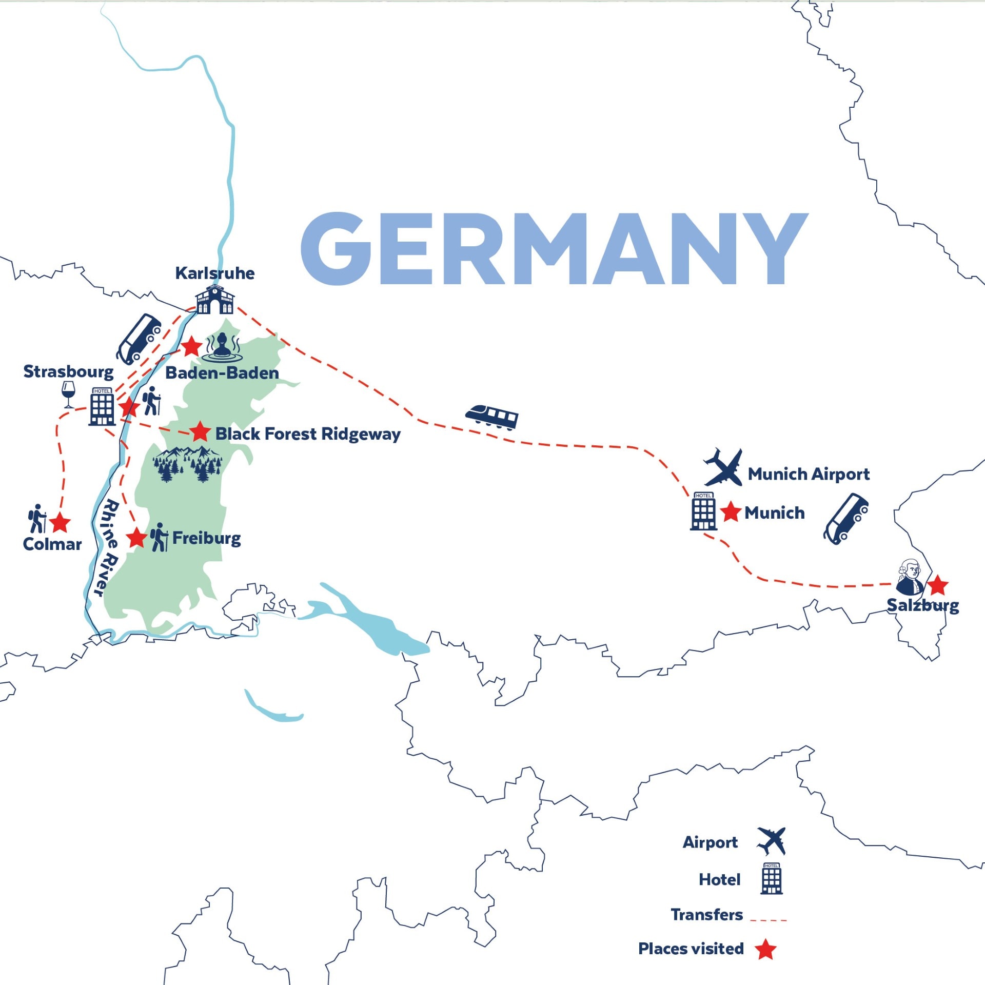 Tour map for Munich & the Black Forest, including Salzburg and Strasbourg