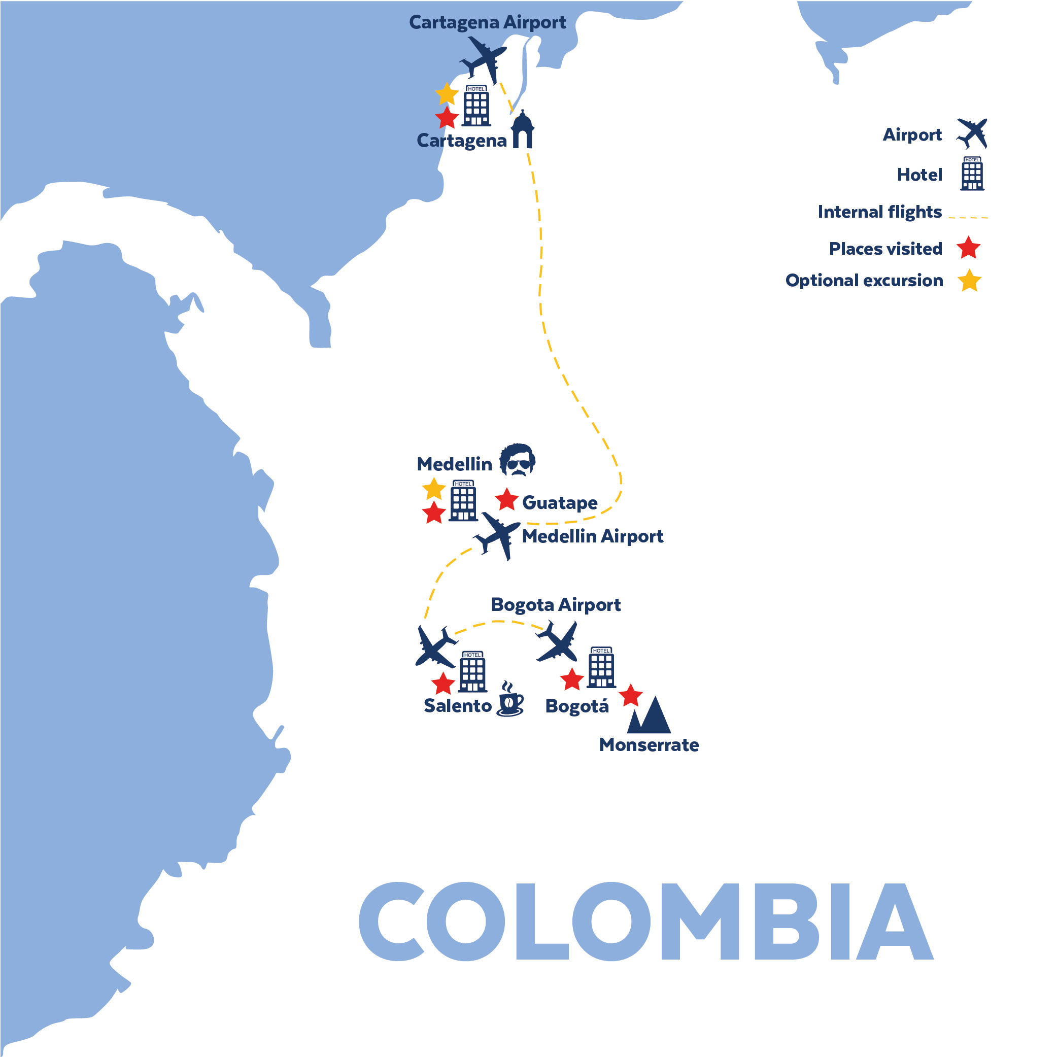 Tour map for Highlights of Colombia Inc Cartagena, Medellin & Bogota