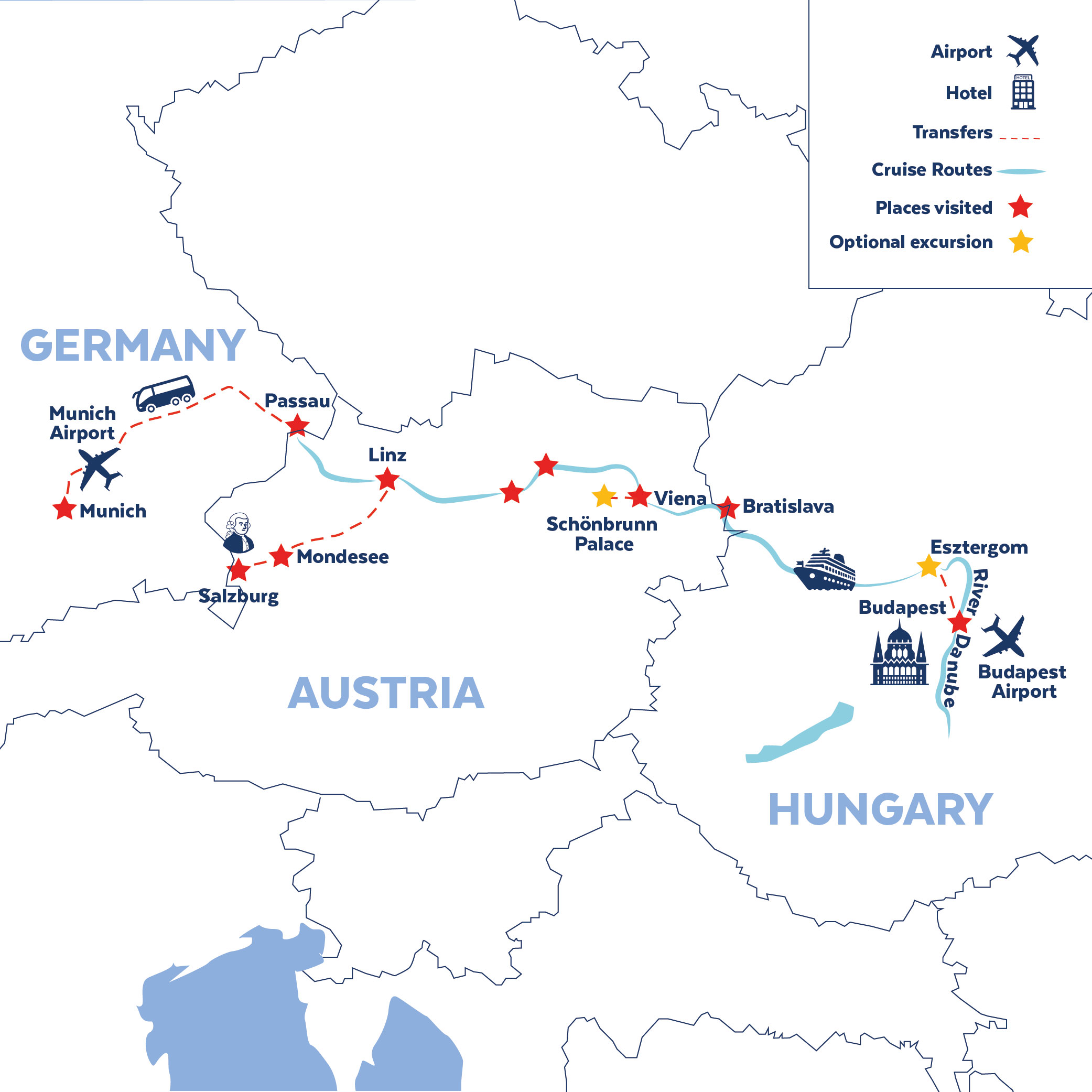 Tour map for Classical Danube River Cruise 4 Star (Passau - Budapest)