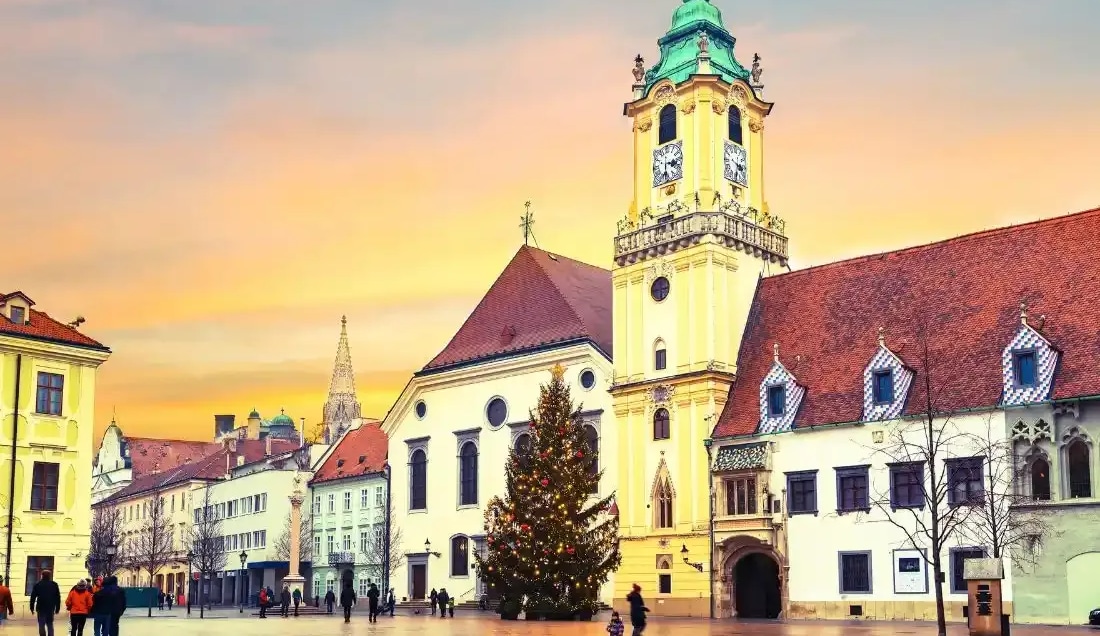 Visit Hlavne Namestie, the main square of Bratislava